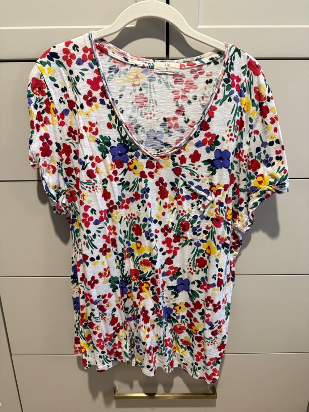 T.La White Floral V-Neck Pocket Tee - Multi Color Blossoms